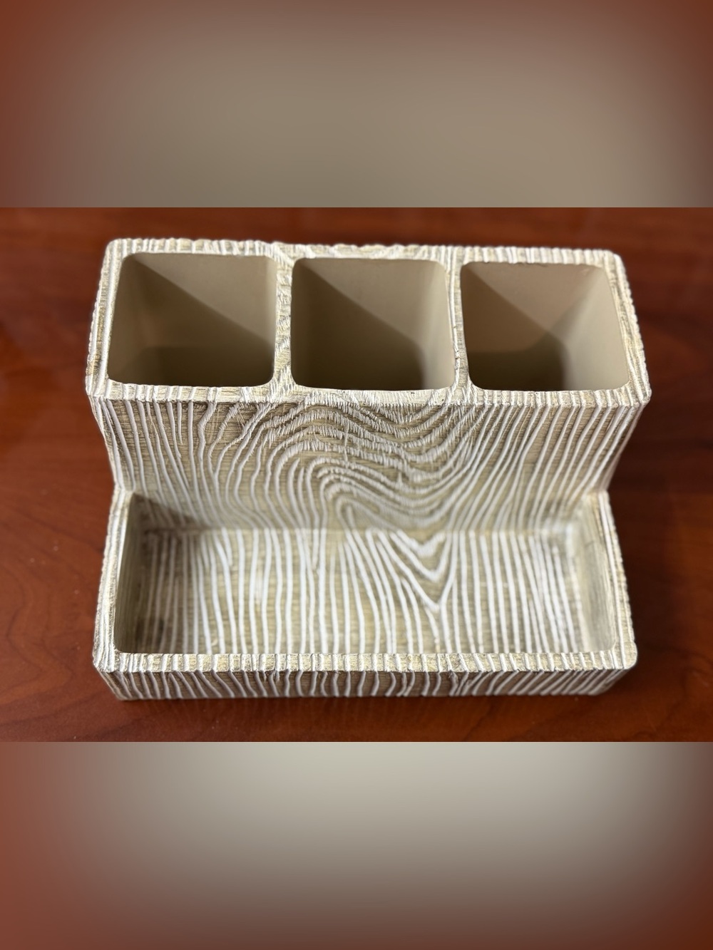 Woodgrain Look - 3-Compartment Desk Organizer in White and Tan